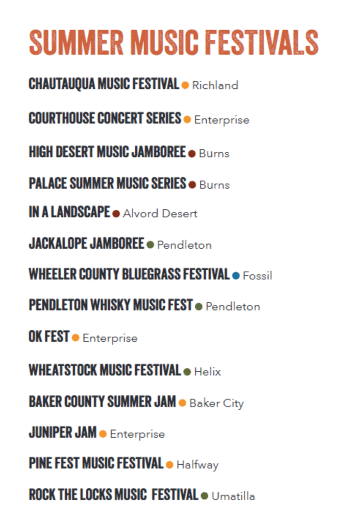 an image of summer music festivals in eastern oregon, featuring the event name and location by city.